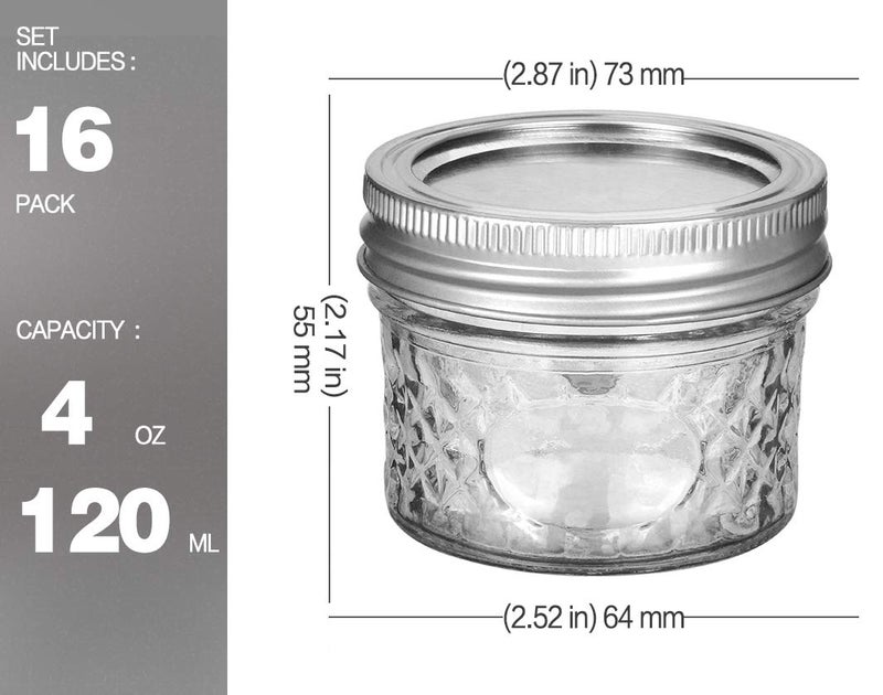 VERONES Mason/Canning Jars, 4 OZ Jelly Jars With Regular Lids and Bands, Ideal for Jam, Honey, Wedding/Shower Favors, DIY Spice Jars, 16 PACK, Extra 16 Lids - Image 1